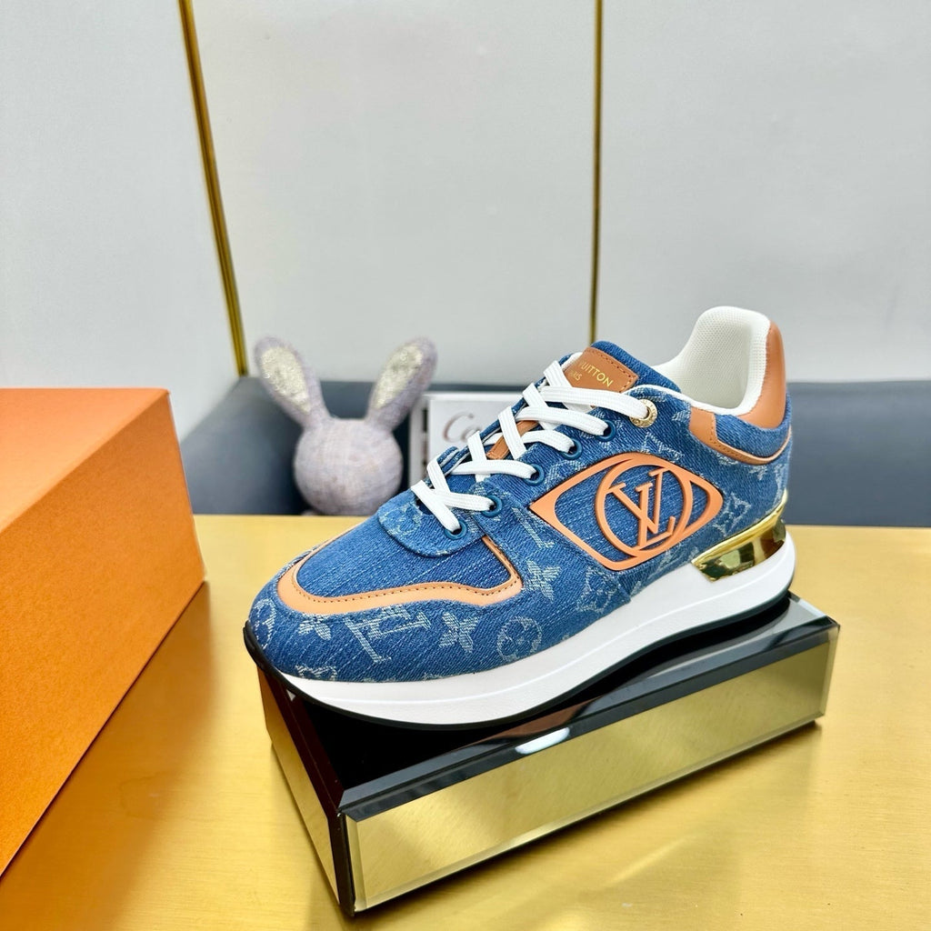 LOUIS VUITTON NEO RUN AWAY SNEAKER IN CLASSIC BLUE MONOGRAM DENIM AND ORANGE CALFSKIN