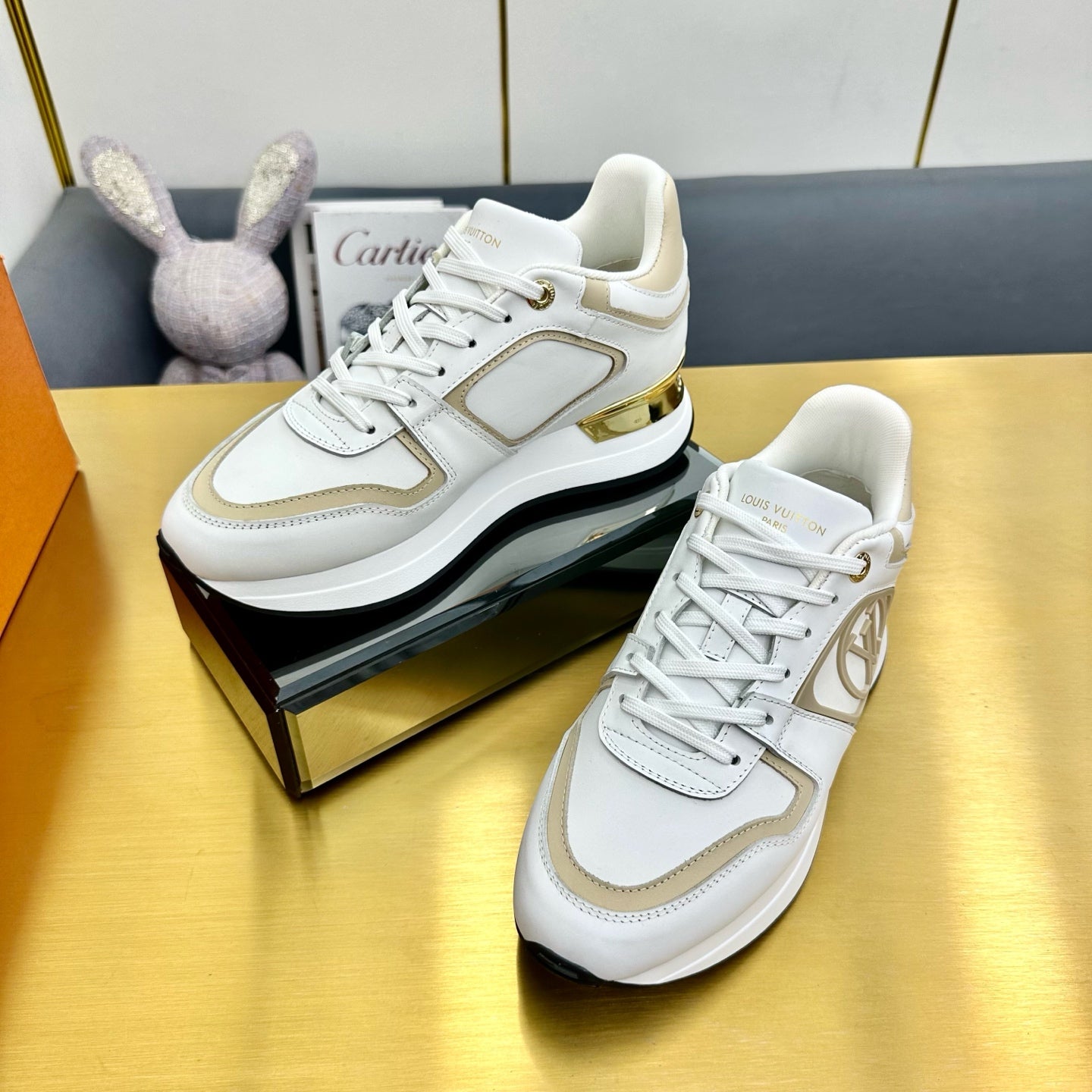 LOUIS VUITTON NEO RUN AWAY SNEAKER IN WHITE MIX GOLD CALFSKIN