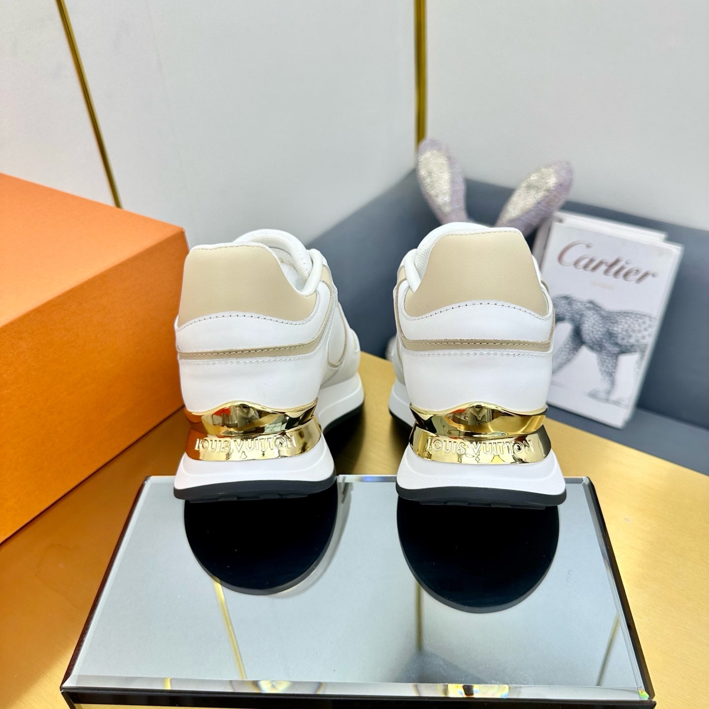 LOUIS VUITTON NEO RUN AWAY SNEAKER IN WHITE MIX GOLD CALFSKIN