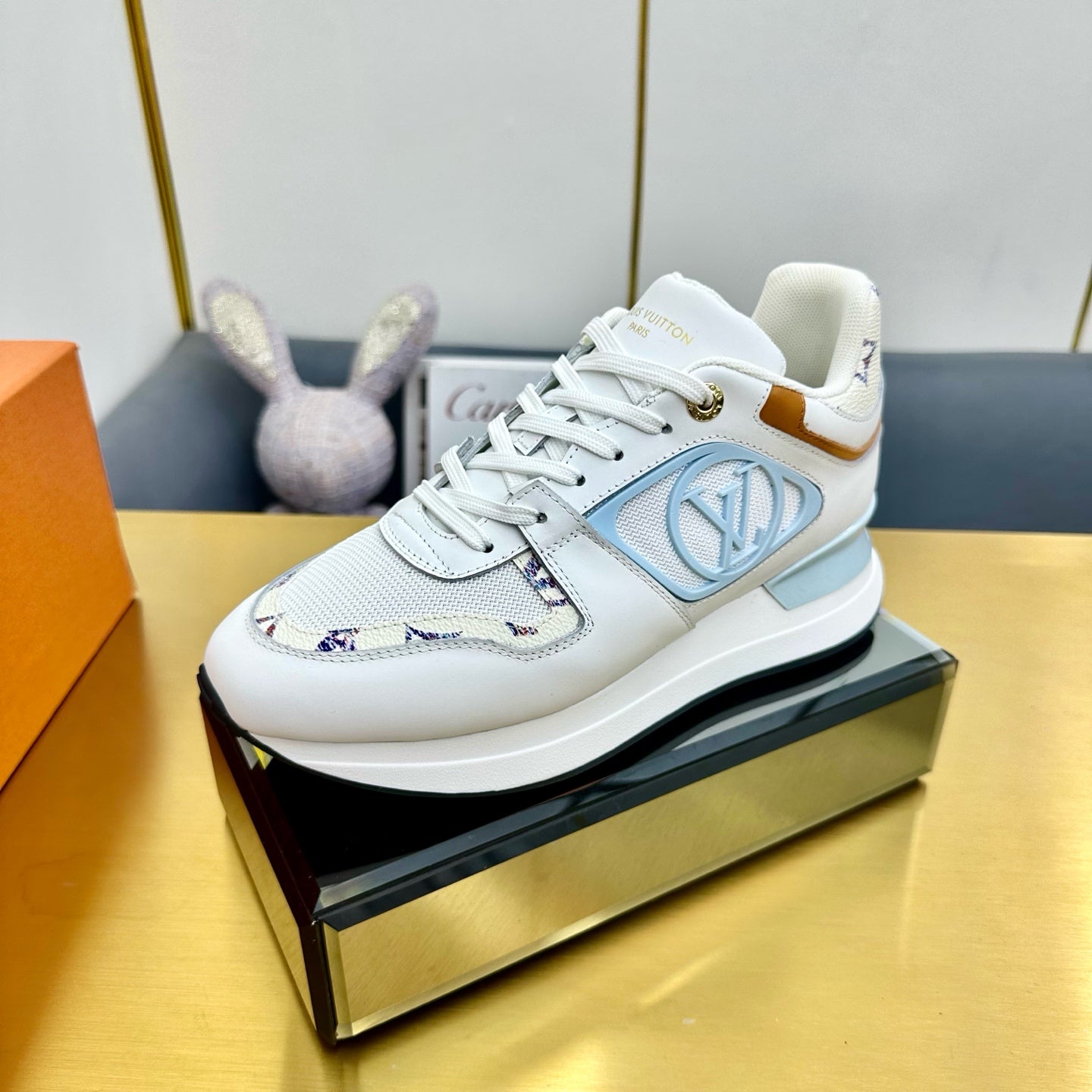 LOUIS VUITTON NEO RUN AWAY SNEAKER IN WHITE MIX SKY BLUE CALFSKIN