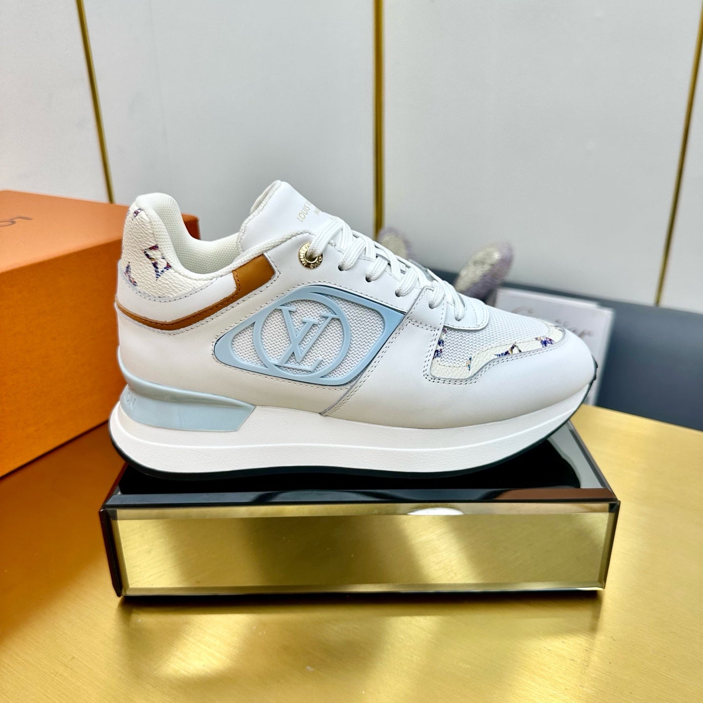 LOUIS VUITTON NEO RUN AWAY SNEAKER IN WHITE MIX SKY BLUE CALFSKIN