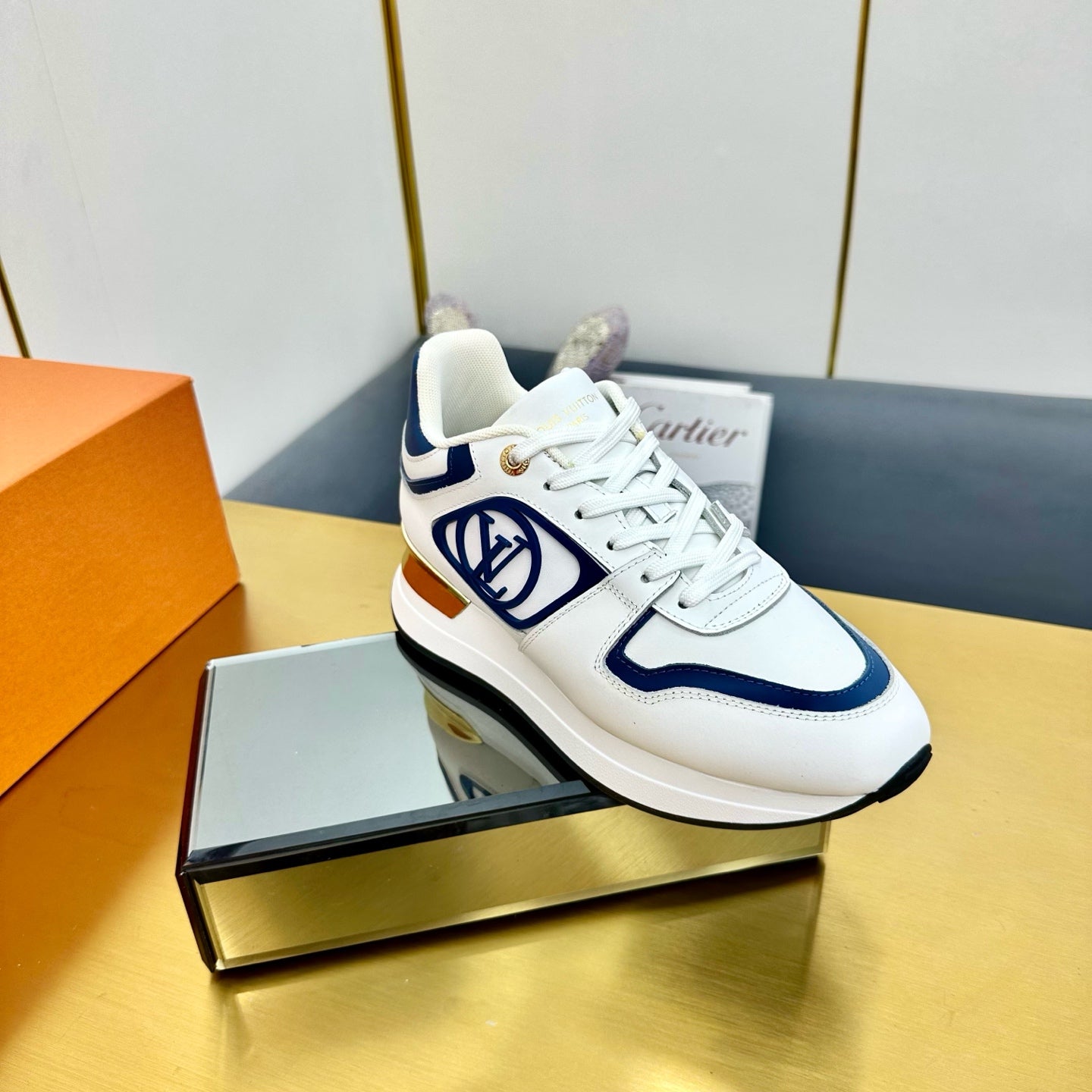 LOUIS VUITTON NEO RUN AWAY SNEAKER IN WHITE MIX COBALT BLUE CALFSKIN