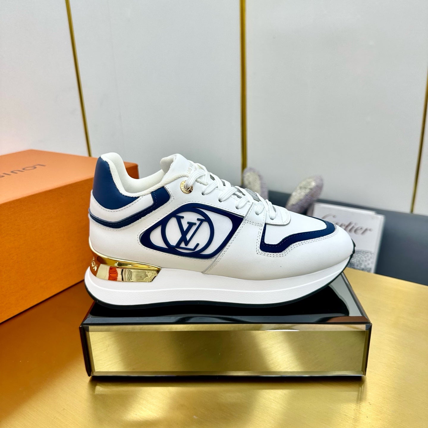 LOUIS VUITTON NEO RUN AWAY SNEAKER IN WHITE MIX COBALT BLUE CALFSKIN
