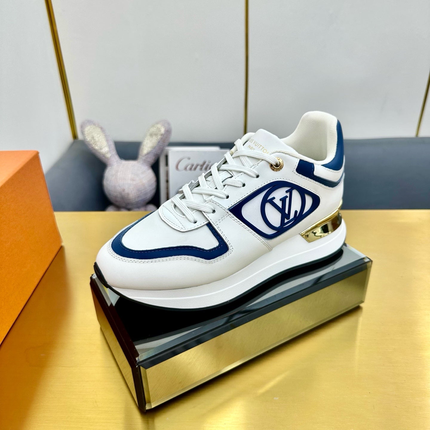 LOUIS VUITTON NEO RUN AWAY SNEAKER IN WHITE MIX COBALT BLUE CALFSKIN