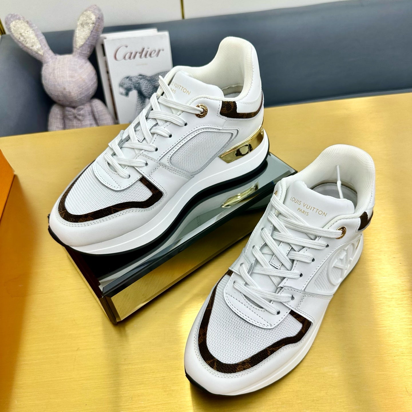 LOUIS VUITTON NEO RUN AWAY SNEAKER IN WHITE MIX CHOCOLATE BROWN CALFSKIN