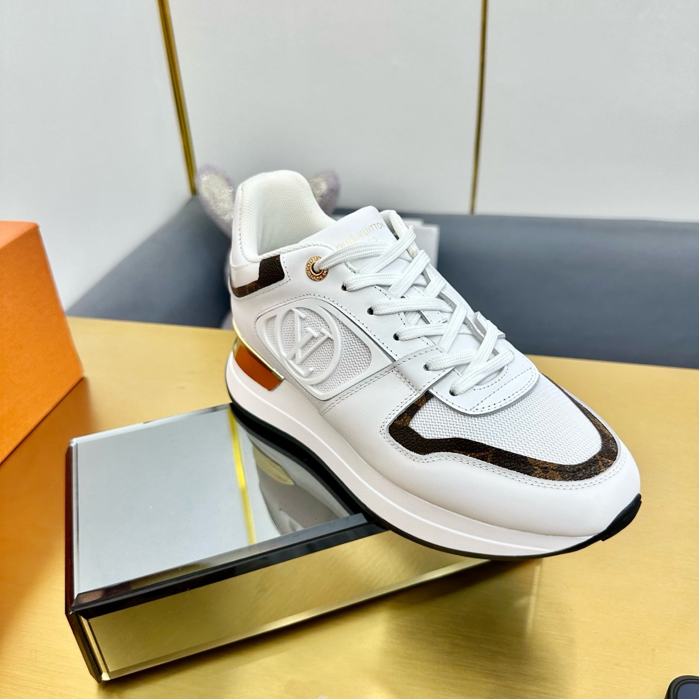 LOUIS VUITTON NEO RUN AWAY SNEAKER IN WHITE MIX CHOCOLATE BROWN CALFSKIN