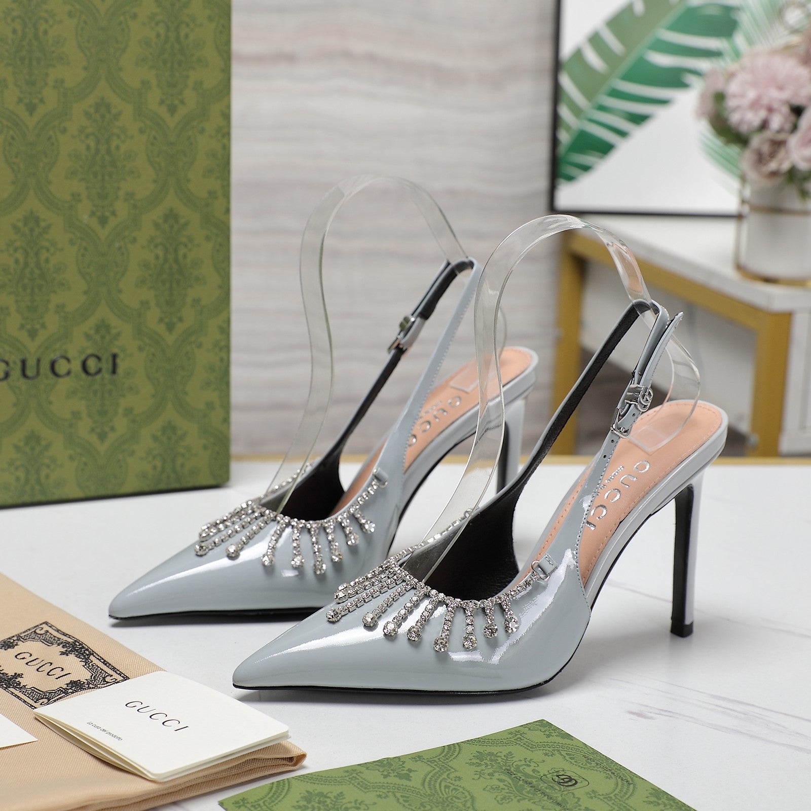 GUCCI CRYSTAL HIGH HEEL SANDAL CLOUD LAMBSKIN