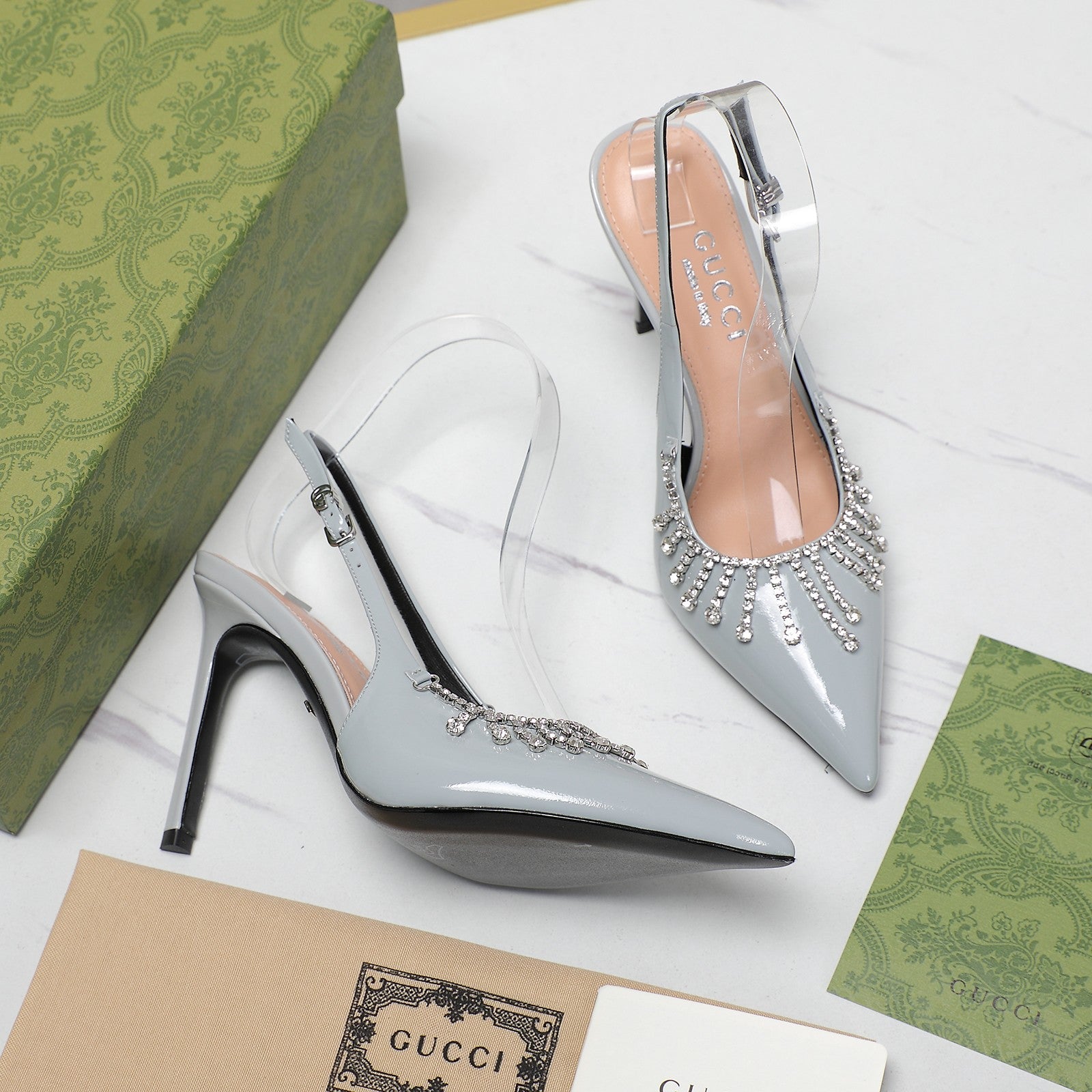 GUCCI CRYSTAL HIGH HEEL SANDAL CLOUD LAMBSKIN