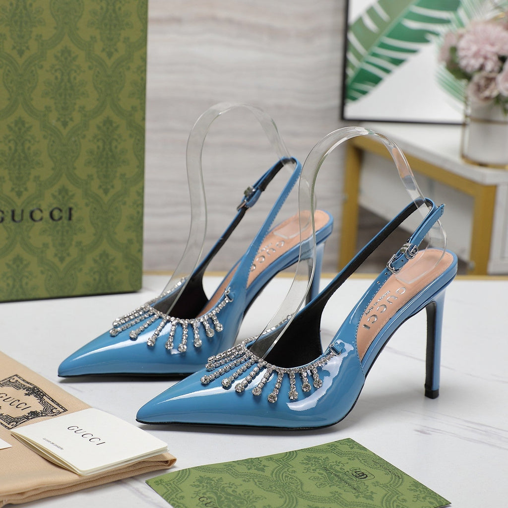 GUCCI CRYSTAL HIGH HEEL SANDAL CERULEAN LAMBSKIN