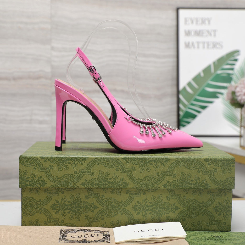 GUCCI CRYSTAL HIGH HEEL SANDAL BRIGHT PINK LAMBSKIN