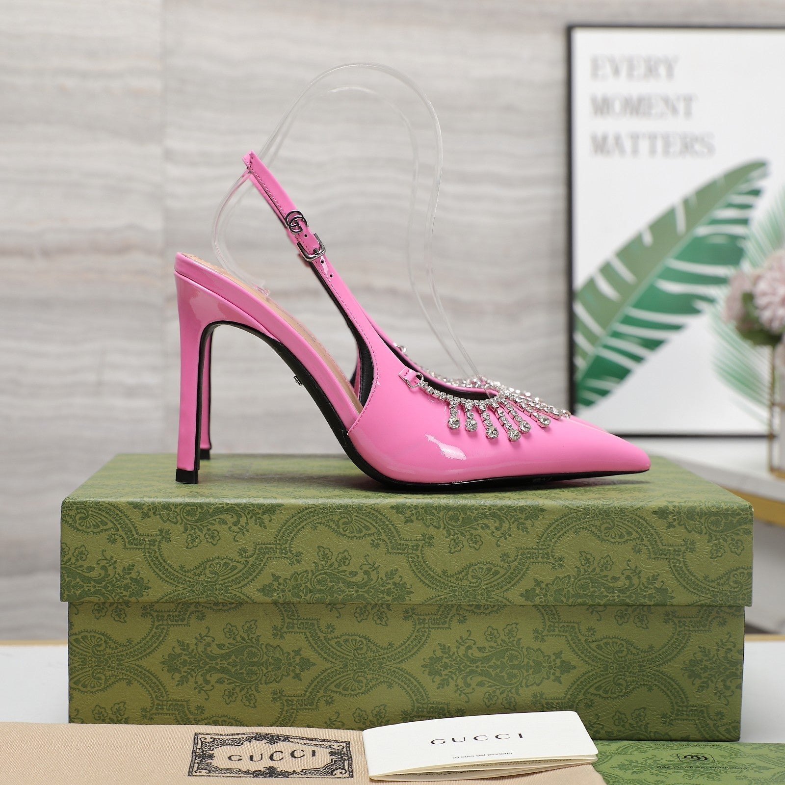 GUCCI CRYSTAL HIGH HEEL SANDAL BRIGHT PINK LAMBSKIN