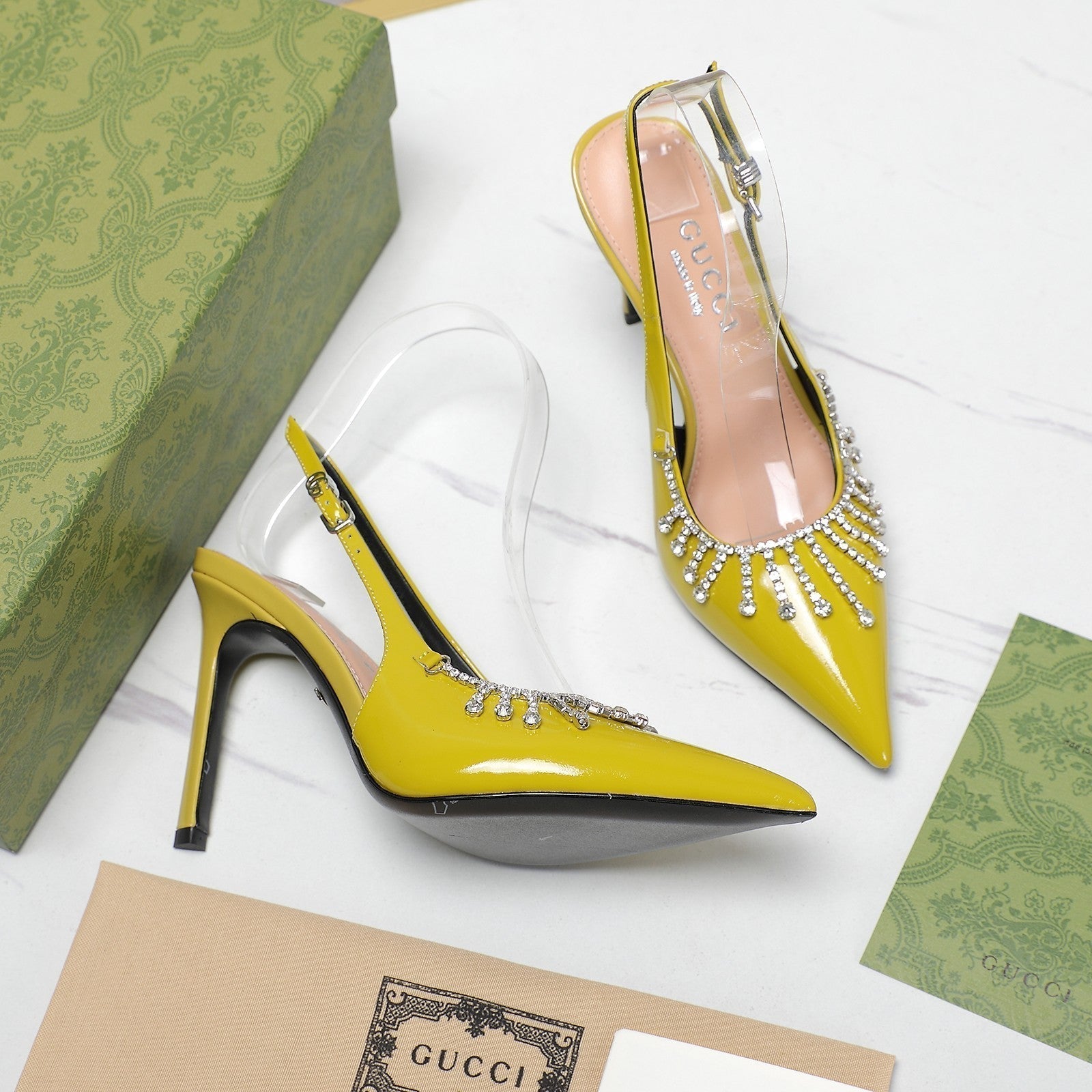 GUCCI CRYSTAL HIGH HEEL SANDAL LEMON LAMBSKIN