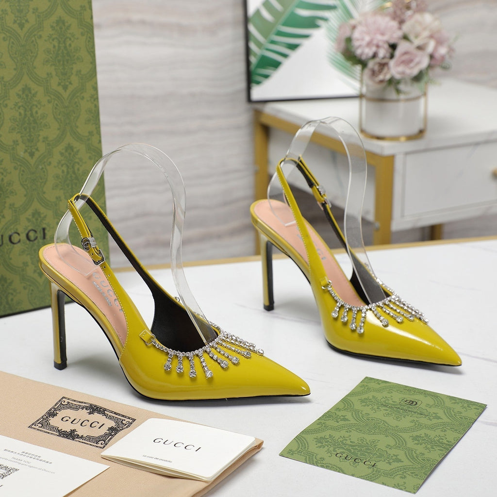 GUCCI CRYSTAL HIGH HEEL SANDAL LEMON LAMBSKIN