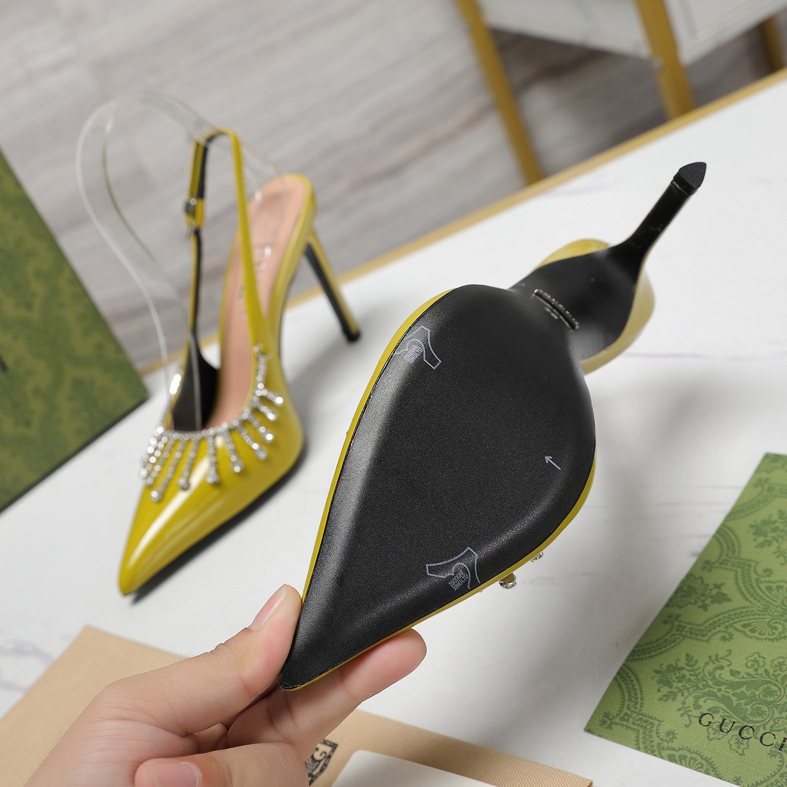 GUCCI CRYSTAL HIGH HEEL SANDAL LEMON LAMBSKIN
