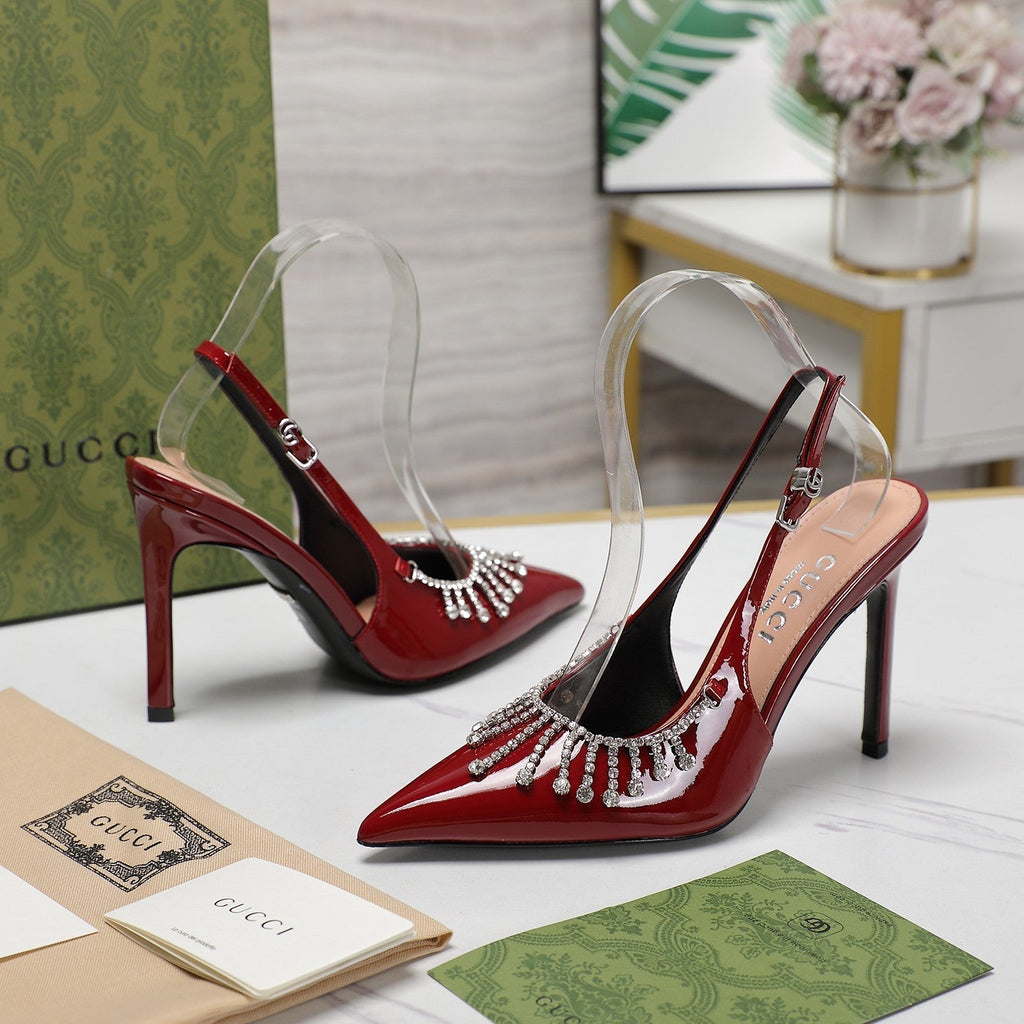 GUCCI CRYSTAL HIGH HEEL SANDAL SCARLET LAMBSKIN