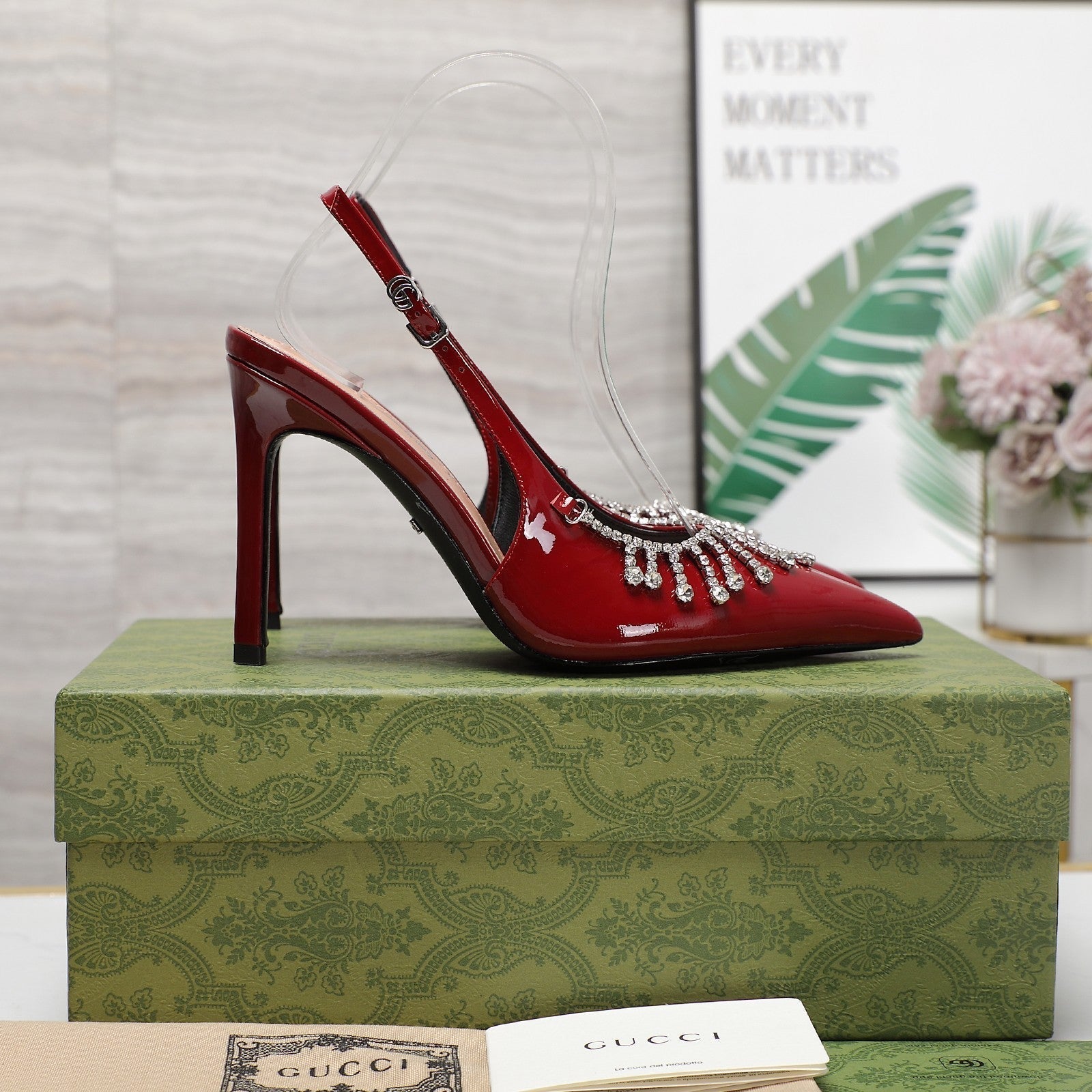 GUCCI CRYSTAL HIGH HEEL SANDAL SCARLET LAMBSKIN