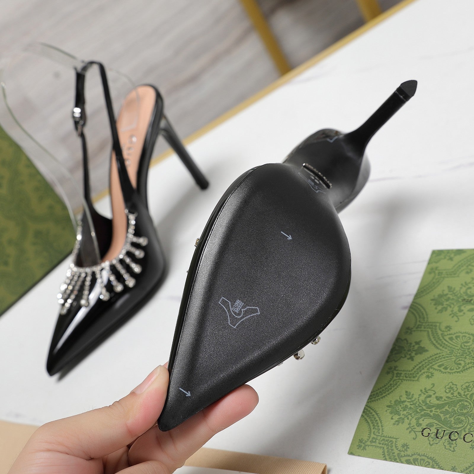 GUCCI CRYSTAL HIGH HEEL SANDAL BLACK LAMBSKIN
