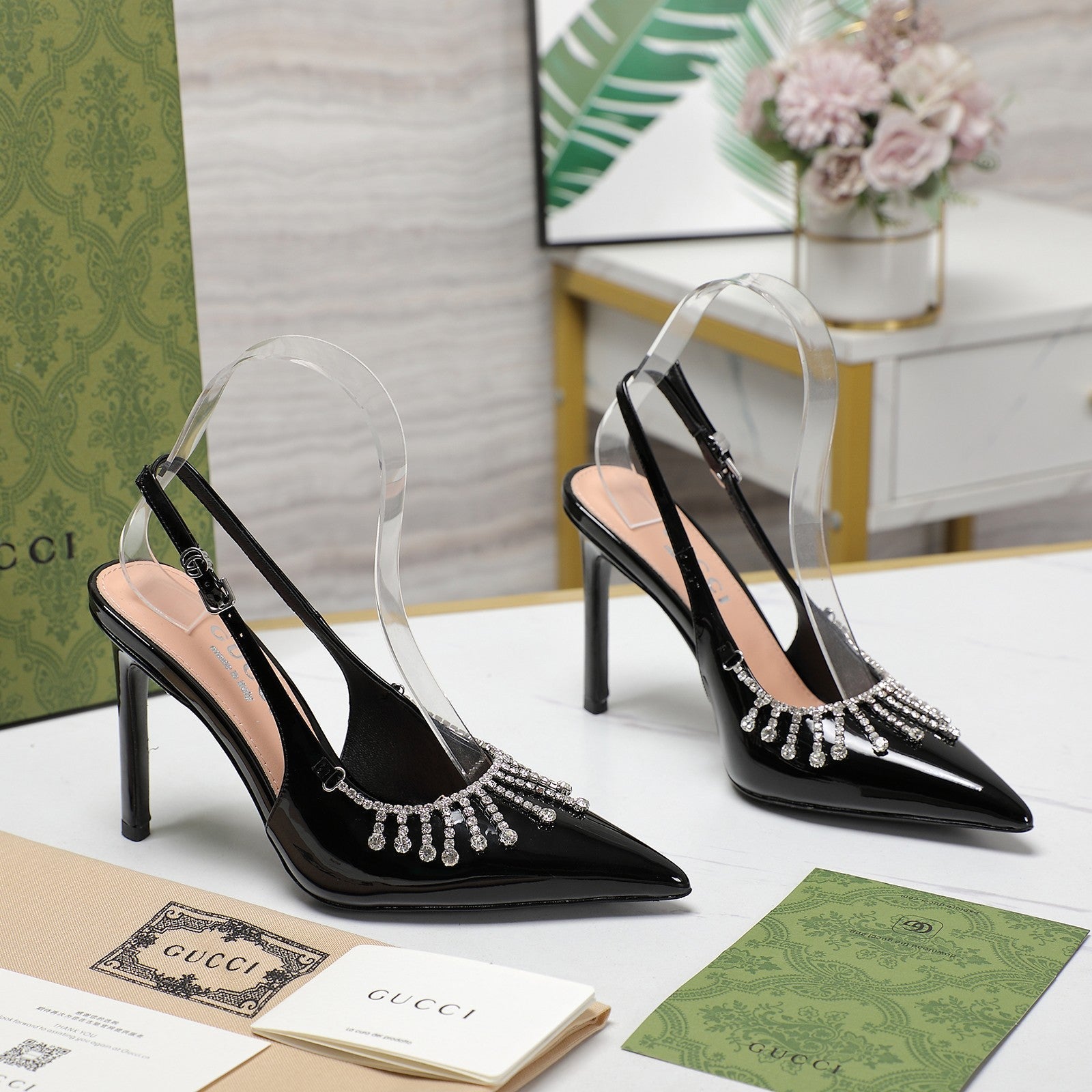 GUCCI CRYSTAL HIGH HEEL SANDAL BLACK LAMBSKIN