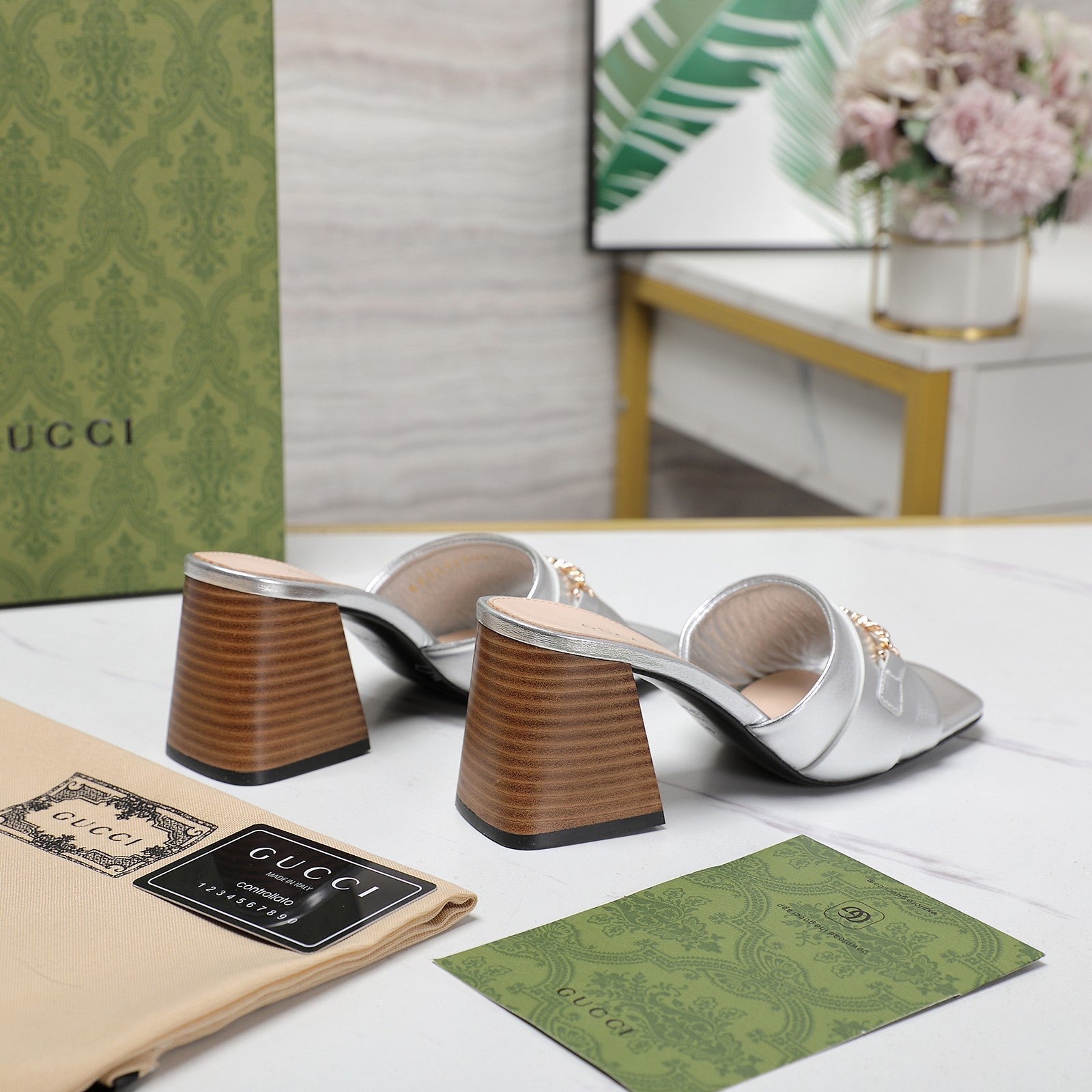 GUCCI High Heels Half Slippers Silver