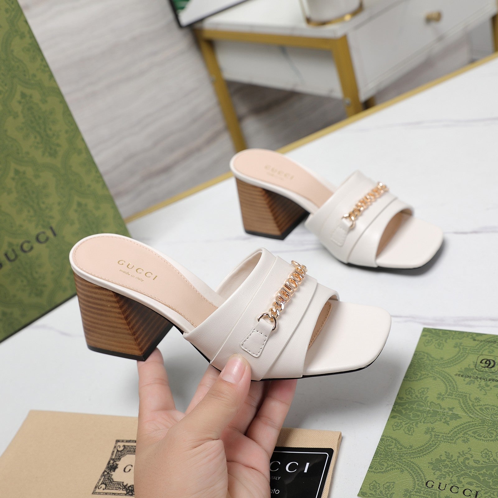 GUCCI High Heels Half Slippers White