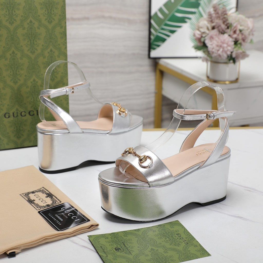 GUCCI Horsebit Wedges Sandals Silver