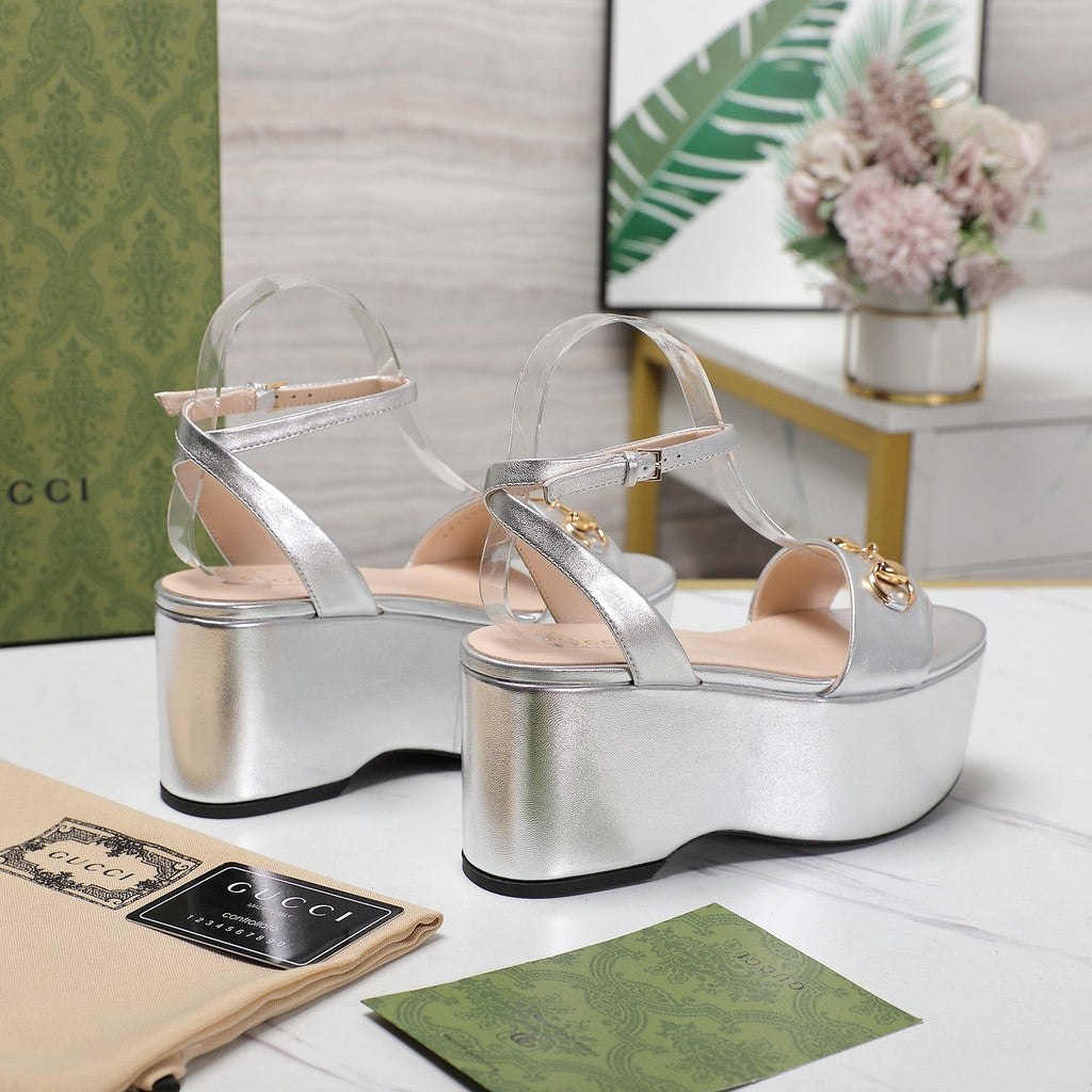 GUCCI Horsebit Wedges Sandals Silver