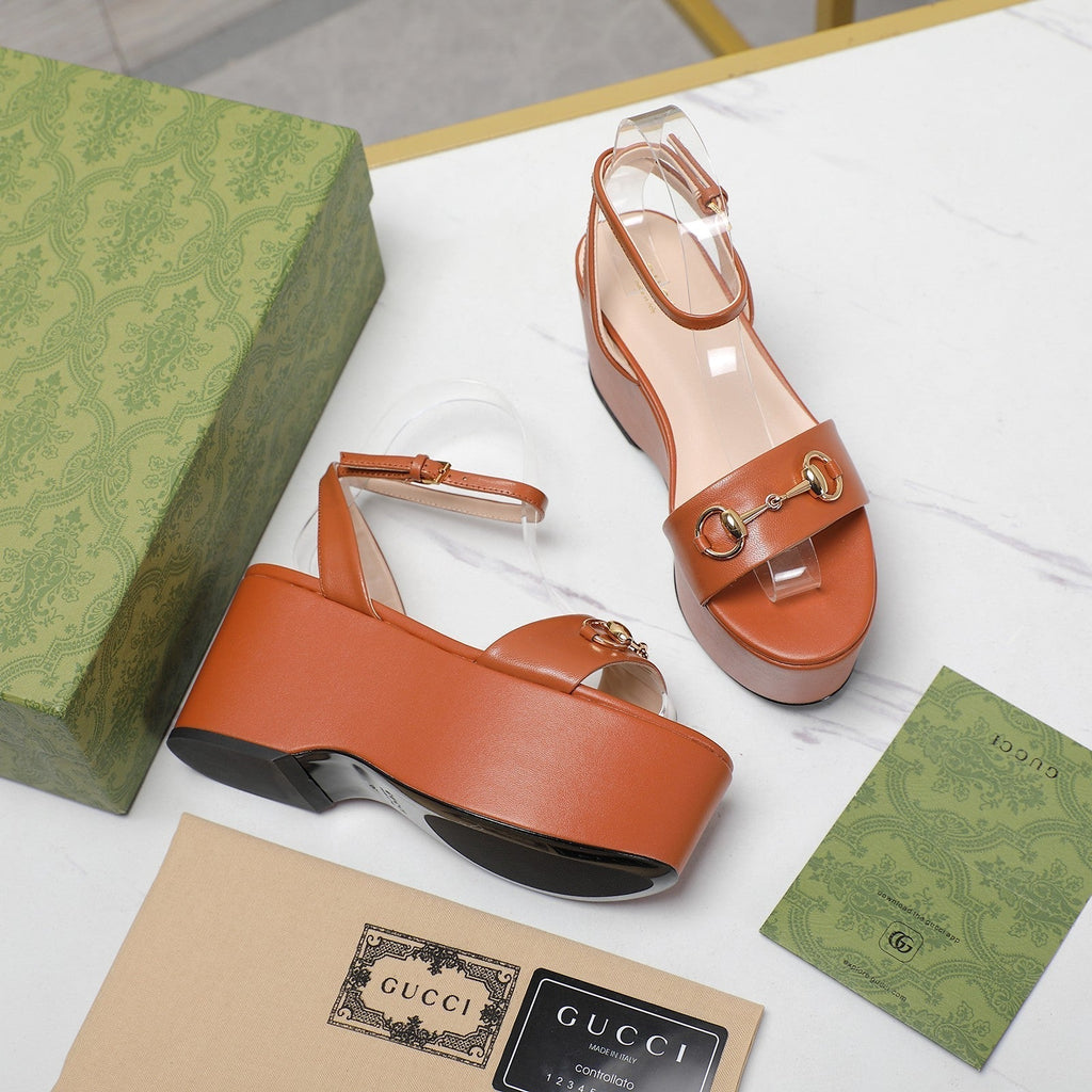 GUCCI Horsebit Wedges Sandals Orange