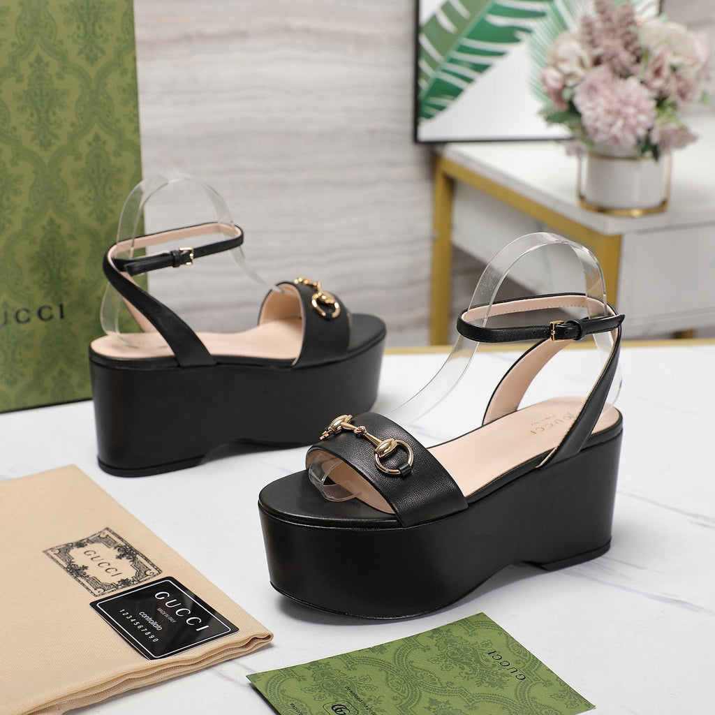 GUCCI Horsebit Wedges Sandals Black