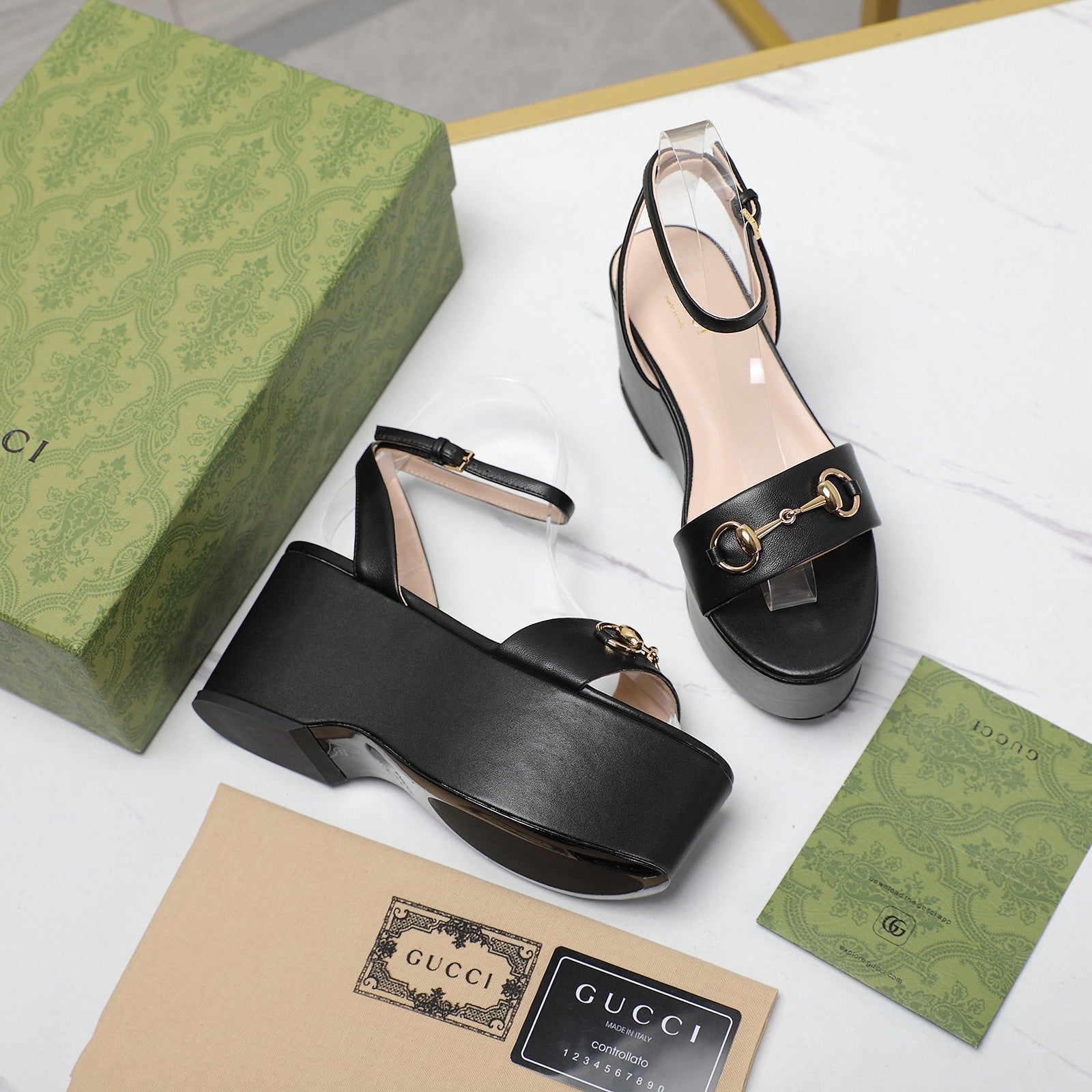 GUCCI Horsebit Wedges Sandals Black