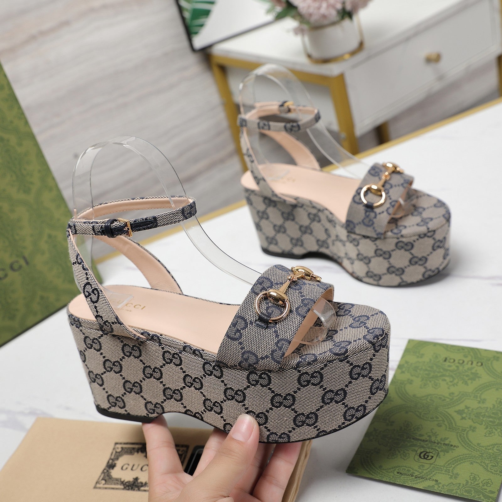 GUCCI Horsebit Wedges Sandals Light Grey