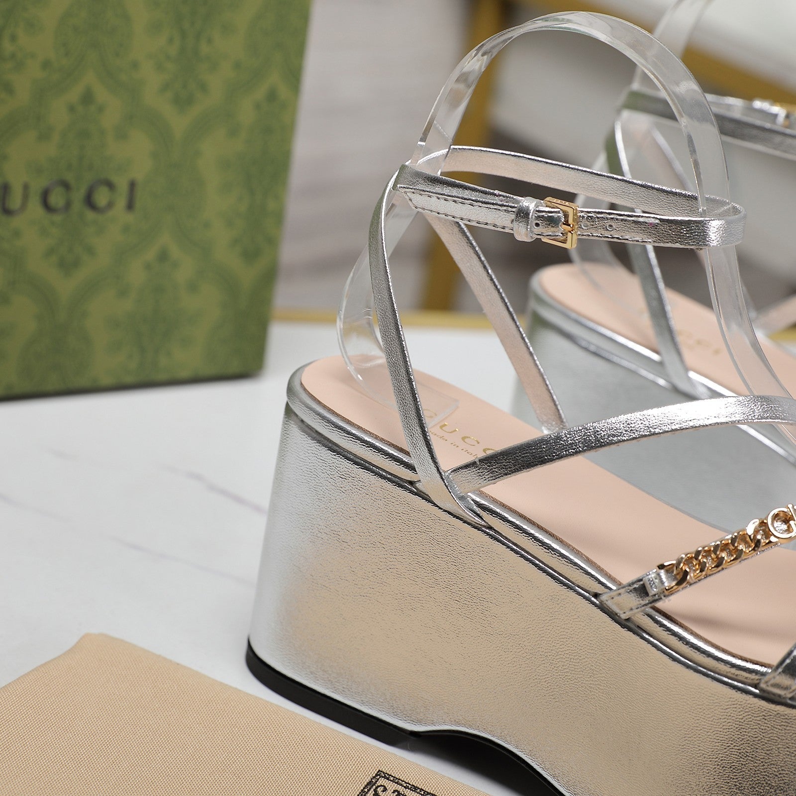 GUCCI WEDGE PLATFORM IN SILVER SHEEPSKIN