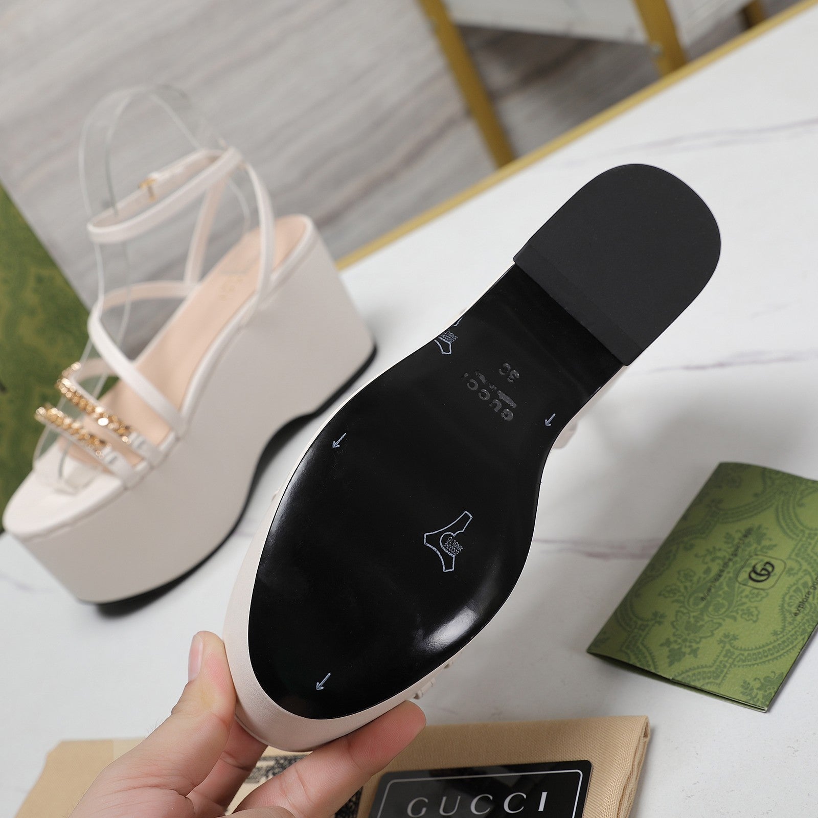 GUCCI WEDGE PLATFORM IN WHITE SHEEPSKIN