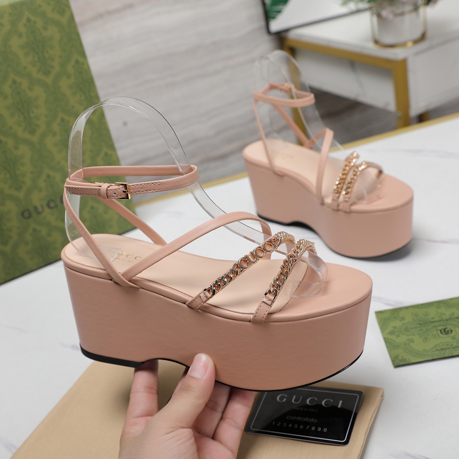 GUCCI WEDGE PLATFORM IN LIGHT PINK SHEEPSKIN