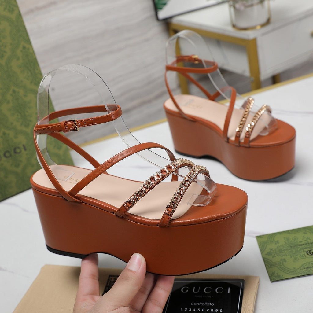 GUCCI WEDGE PLATFORM IN CINNAMON BROWN SHEEPSKIN