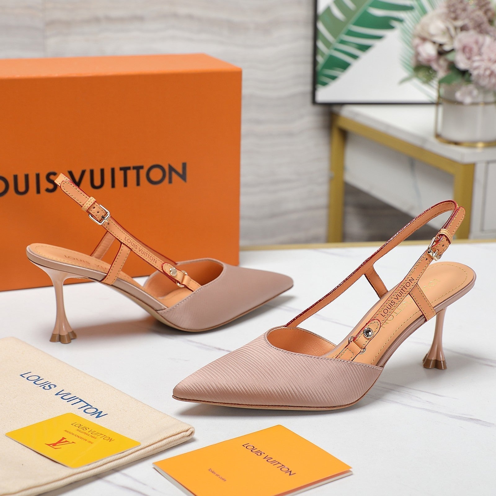 LOUIS VUITTON LV WOMEN BLOSSOM SLINGBACK PUMP IN NUDE BEIGE EMBROIDERED FABRIC