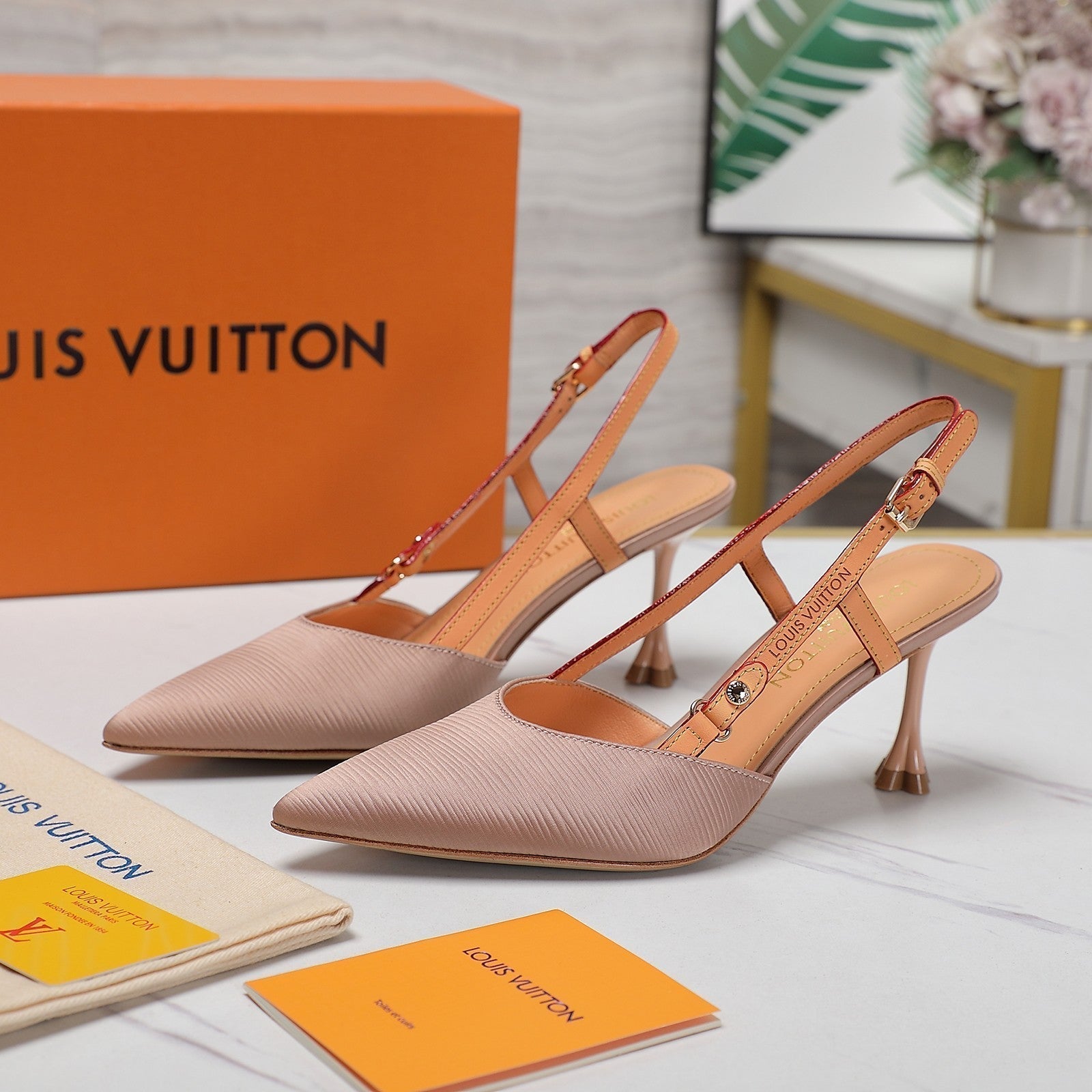 LOUIS VUITTON LV WOMEN BLOSSOM SLINGBACK PUMP IN NUDE BEIGE EMBROIDERED FABRIC