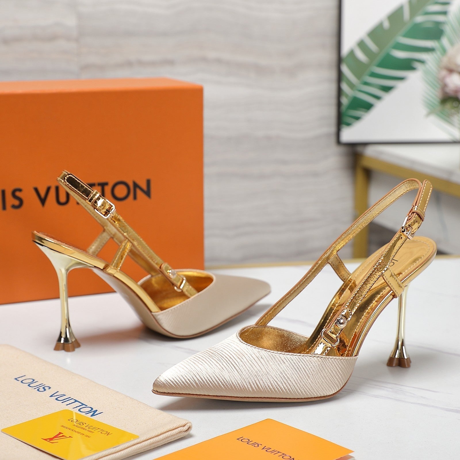 LOUIS VUITTON LV WOMEN BLOSSOM SLINGBACK PUMP IN GOLDEN EMBROIDERED FABRIC