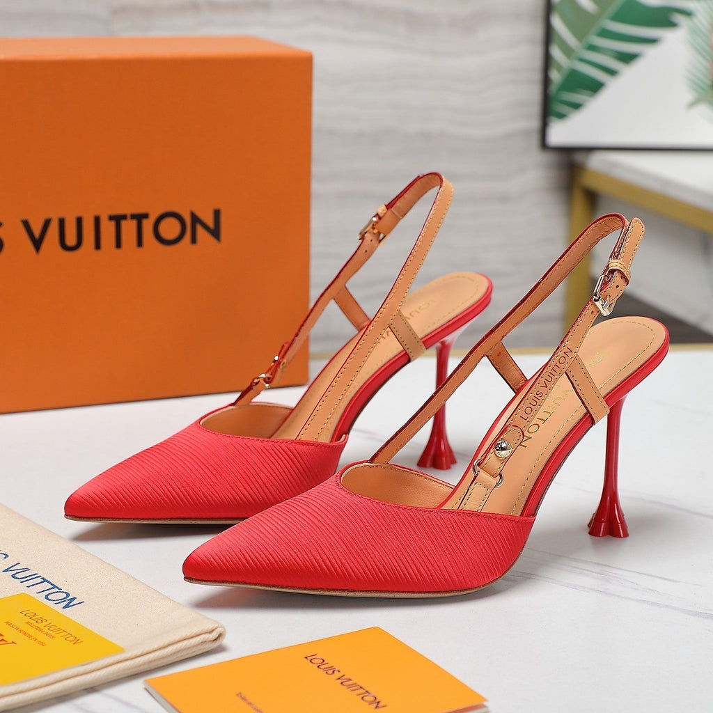 LOUIS VUITTON LV WOMEN BLOSSOM SLINGBACK PUMP IN CHERRY RED EMBROIDERED FABRIC