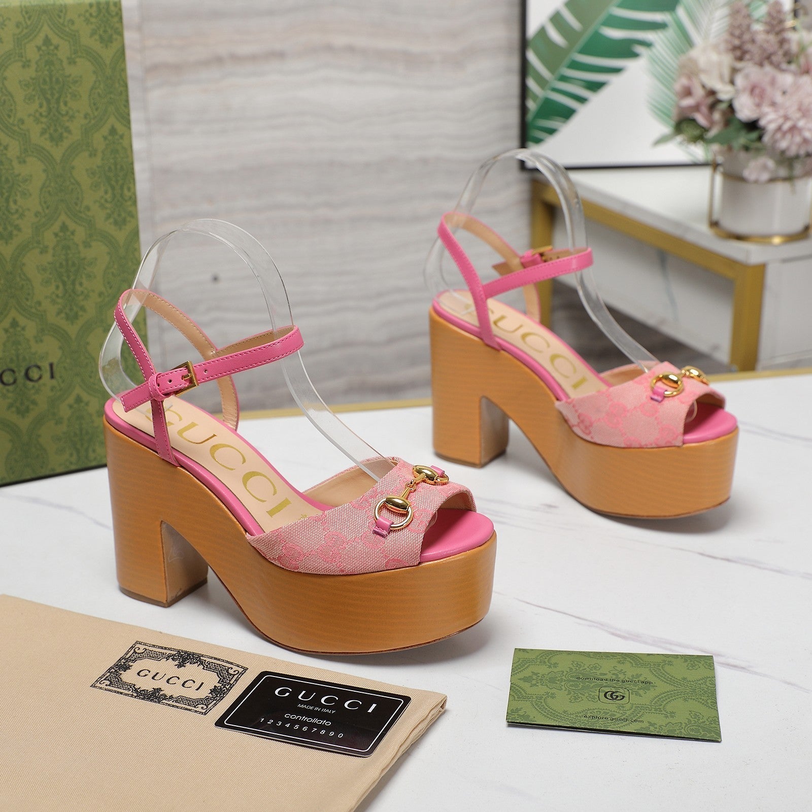GUCCI HORSEBIT WEDGE SANDAL IN PINK MONOGRAM JACQUARD FABRIC AND SHEEPSKIN LINING