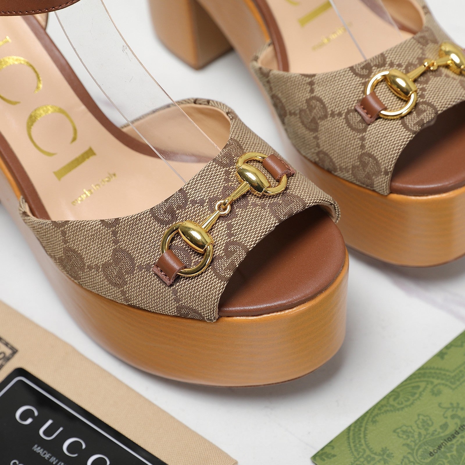 GUCCI HORSEBIT WEDGE SANDAL IN BROWN MONOGRAM JACQUARD FABRIC AND SHEEPSKIN LINING