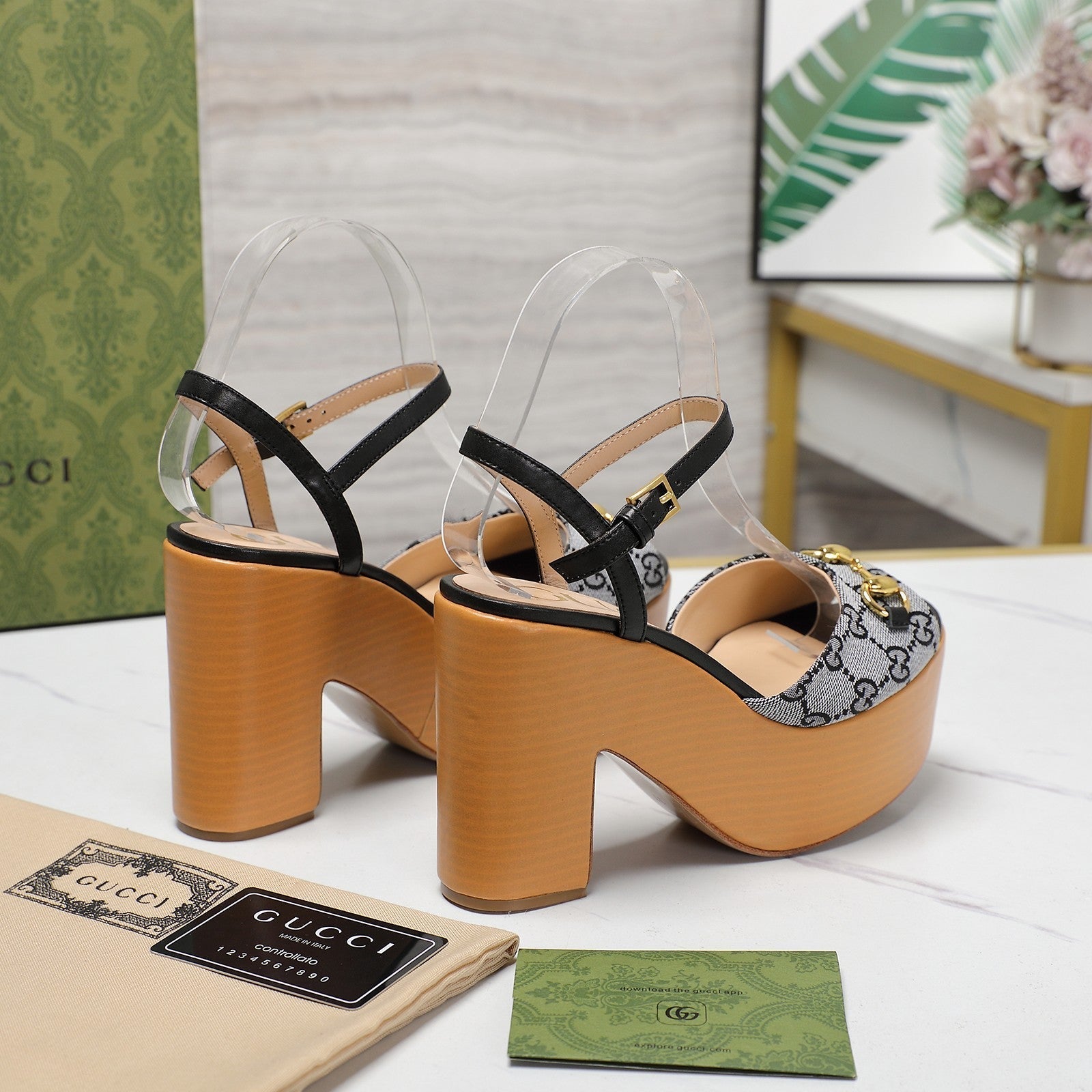 GUCCI HORSEBIT WEDGE SANDAL IN BLACK MONOGRAM JACQUARD FABRIC AND SHEEPSKIN LINING