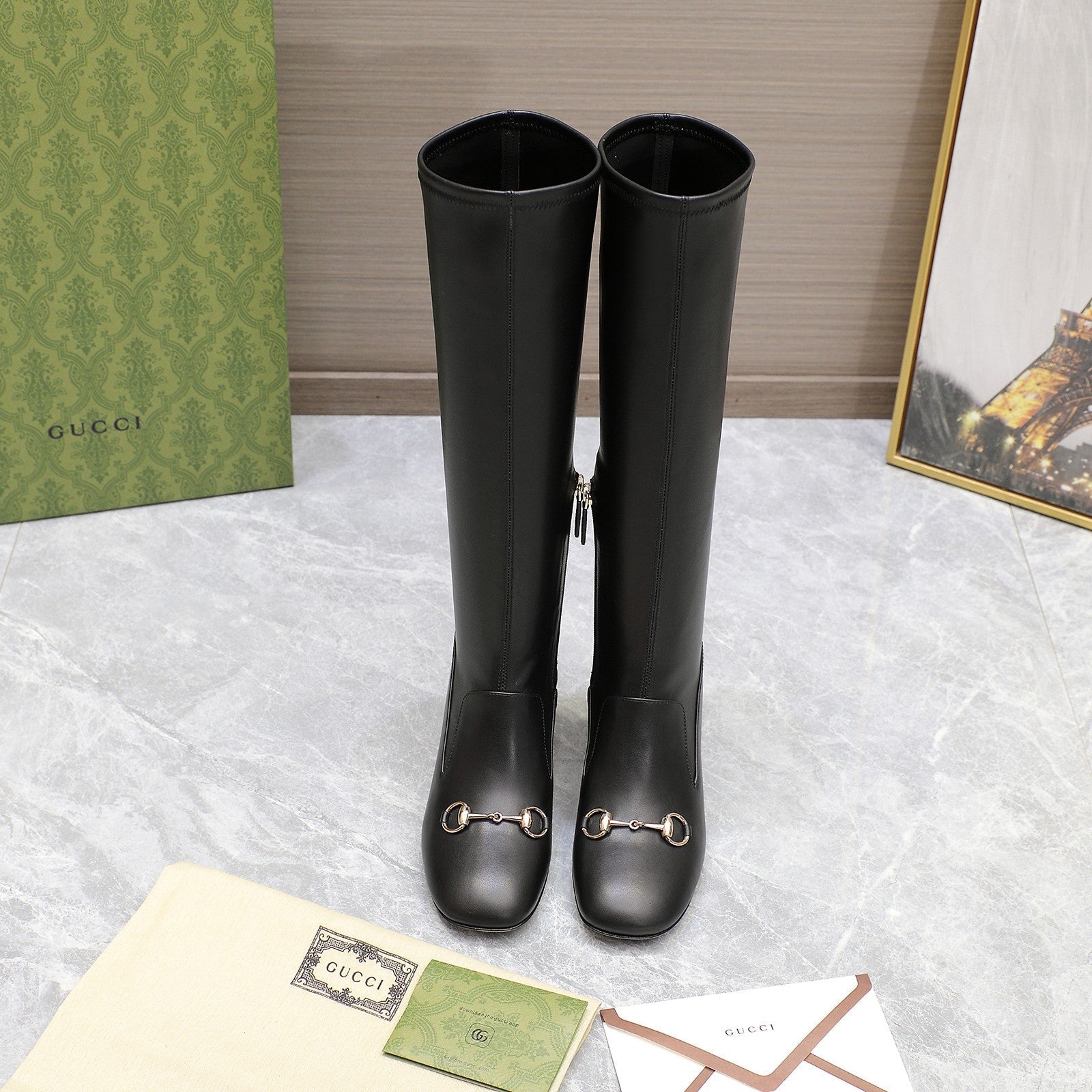GUCCI HORSEBIT KNEE HIGH BOOTS IN BLACK SHEEPSKIN