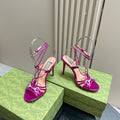 GUCCI CRYSTAL HORSEBIT STRAPPY SANDAL 10.5CM IN HOT PINK PATENT LEATHER