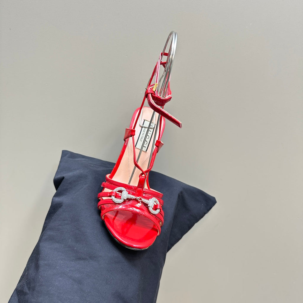 GUCCI CRYSTAL HORSEBIT STRAPPY SANDAL 10.5CM IN RED PATENT LEATHER
