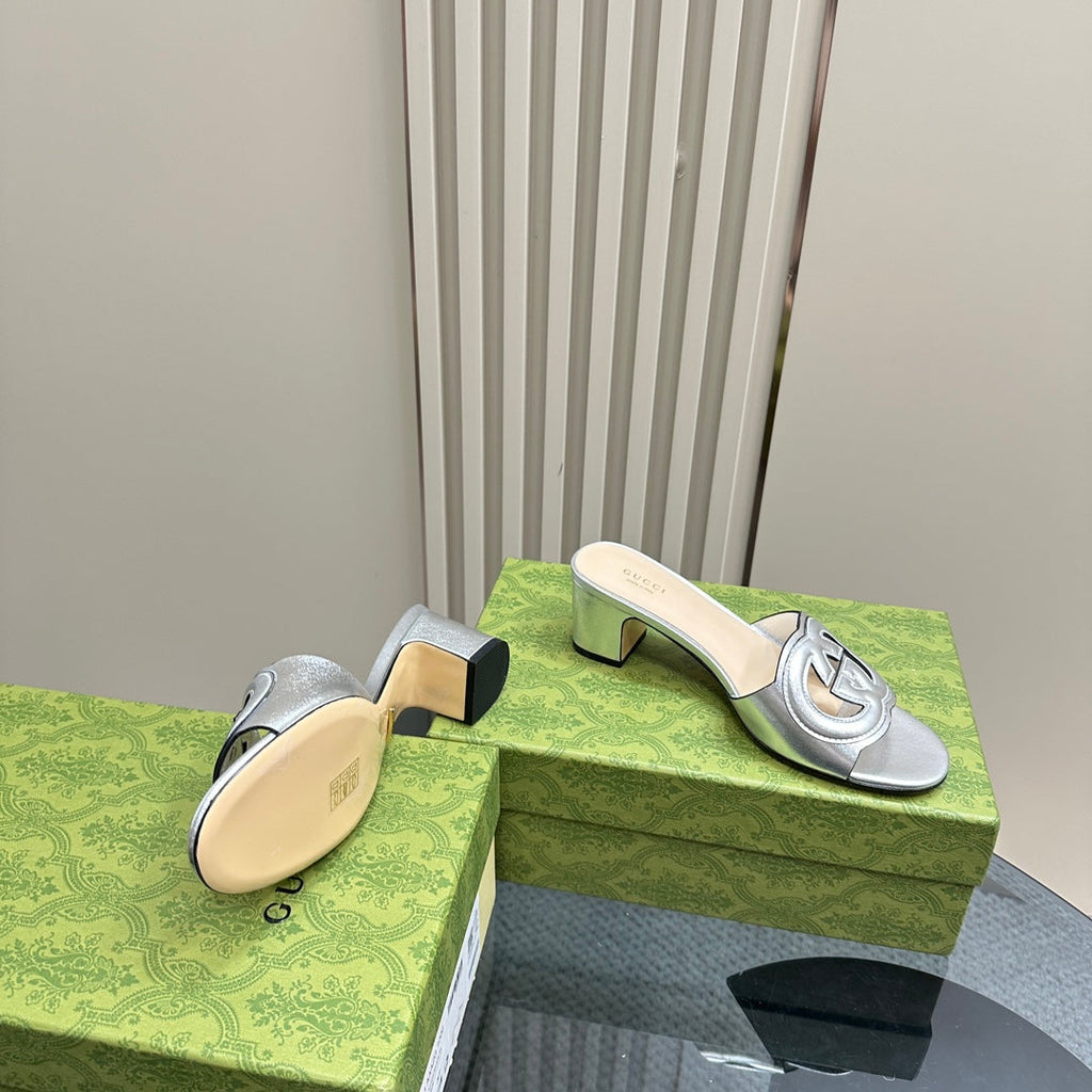 GUCCI MID-HEEL 5 CM MULE IN SILVER CALFSKIN