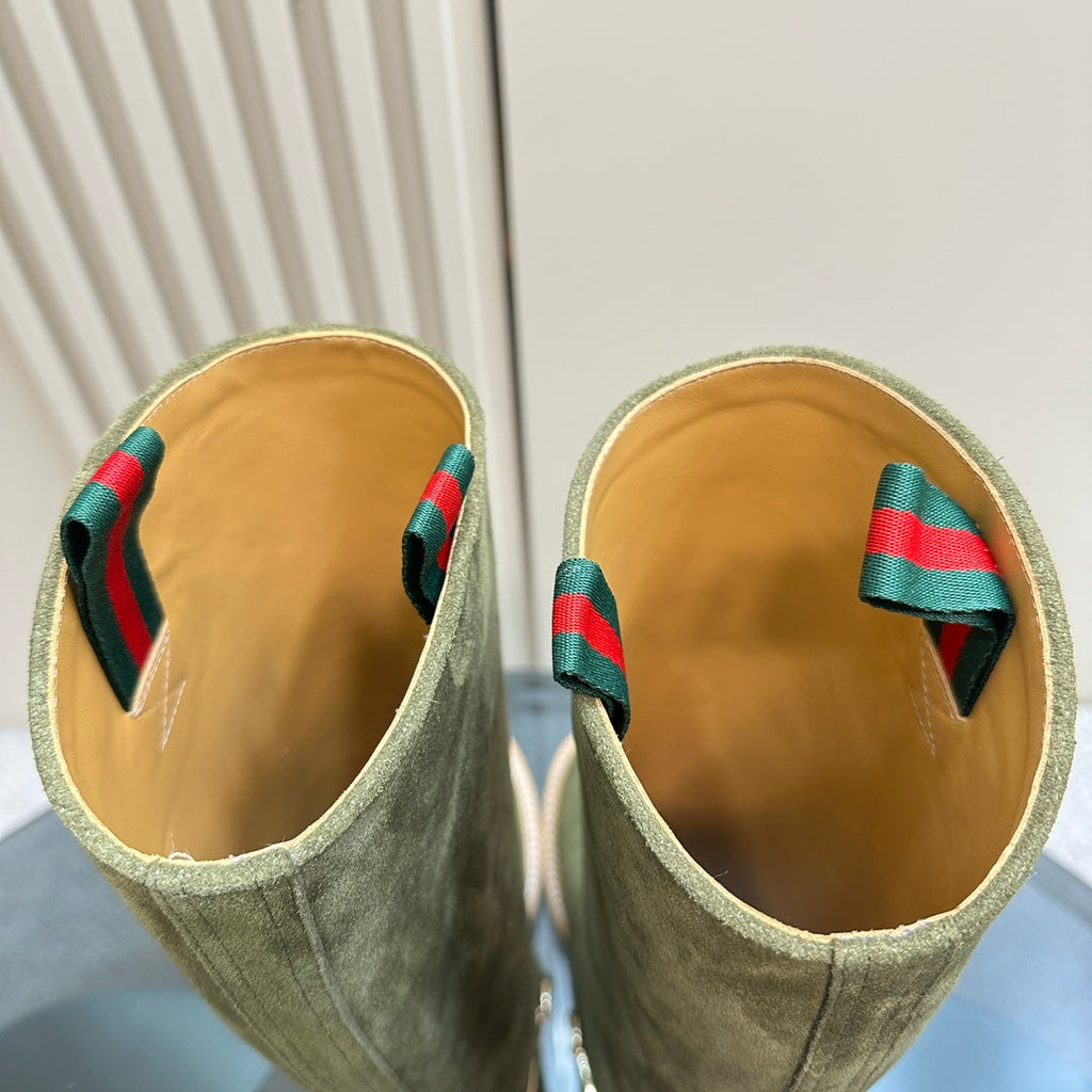 GUCCI SLIM HORSEBIT KNEE BOOTS WITH WEB IN KHAKI GREEN SUEDE