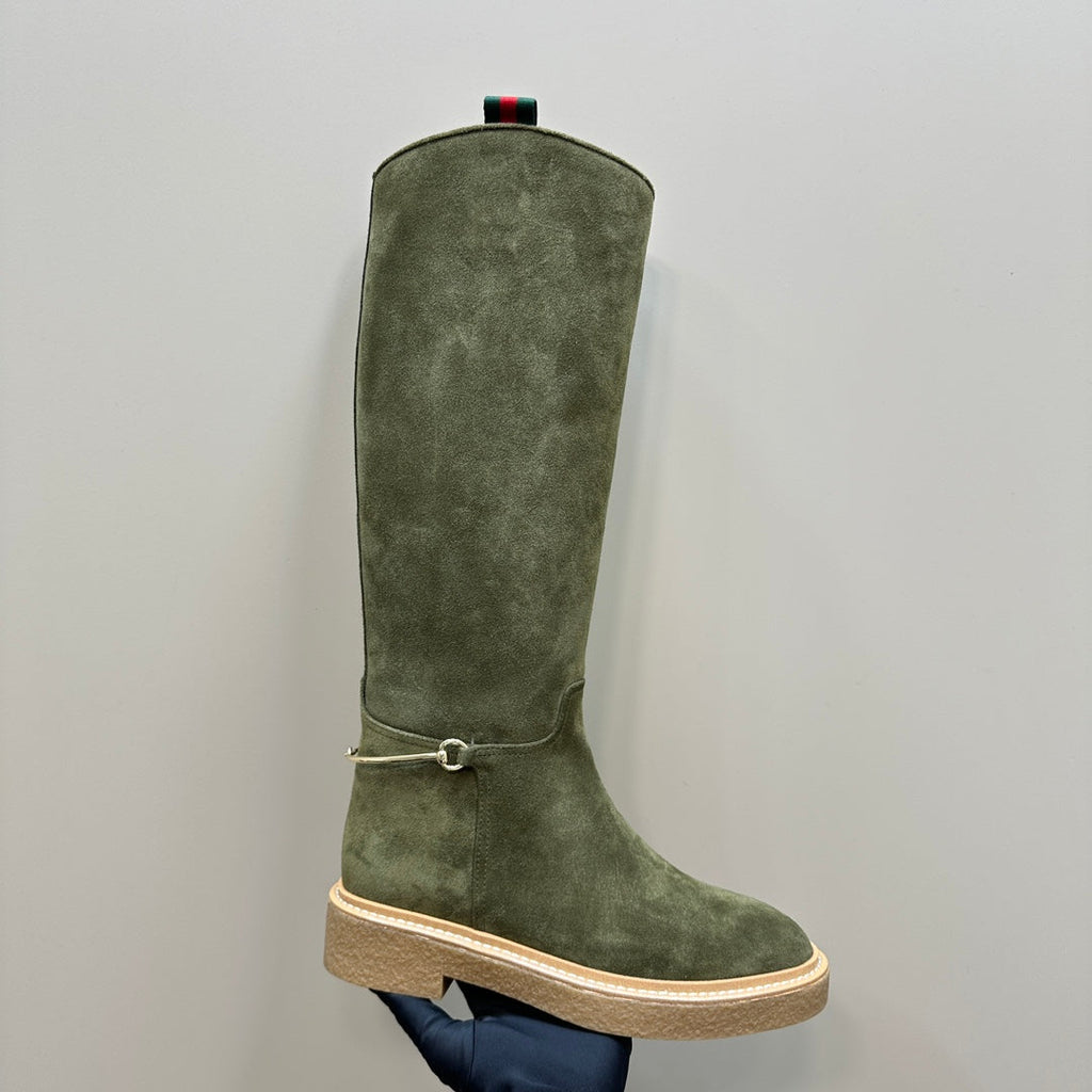 GUCCI SLIM HORSEBIT KNEE BOOTS WITH WEB IN KHAKI GREEN SUEDE