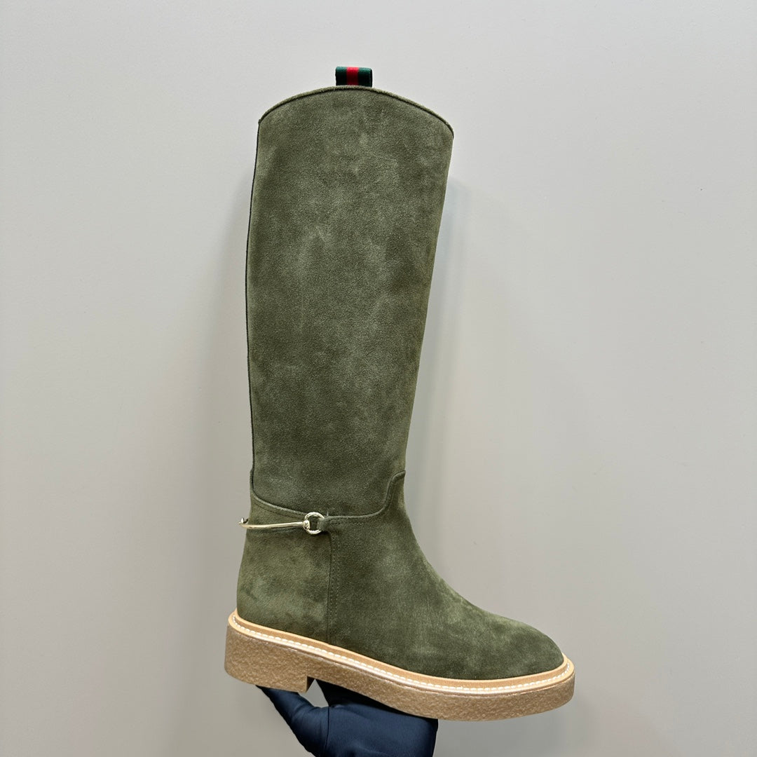 GUCCI SLIM HORSEBIT KNEE BOOTS WITH WEB IN KHAKI GREEN SUEDE