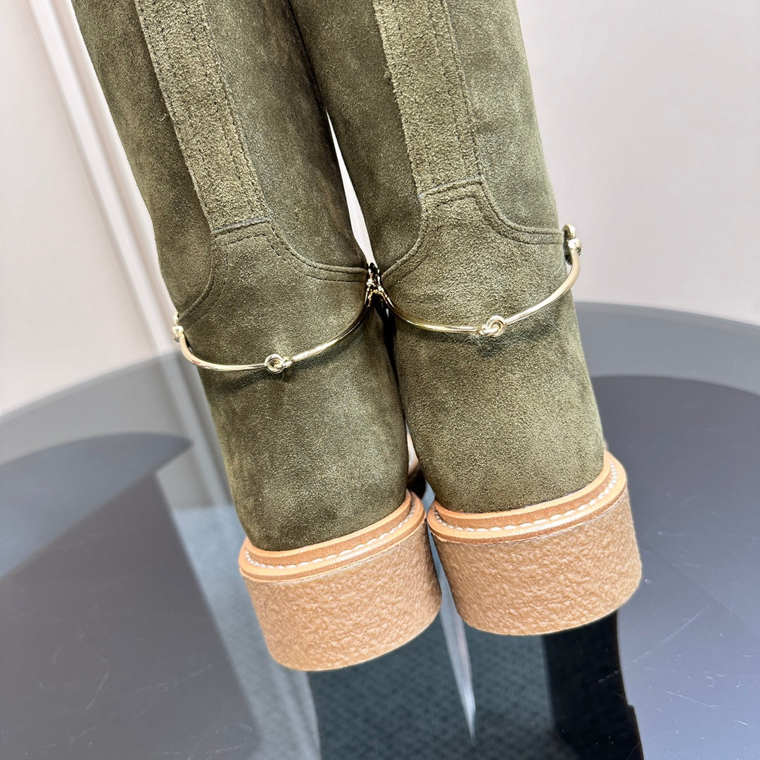 GUCCI SLIM HORSEBIT KNEE BOOTS WITH WEB IN KHAKI GREEN SUEDE