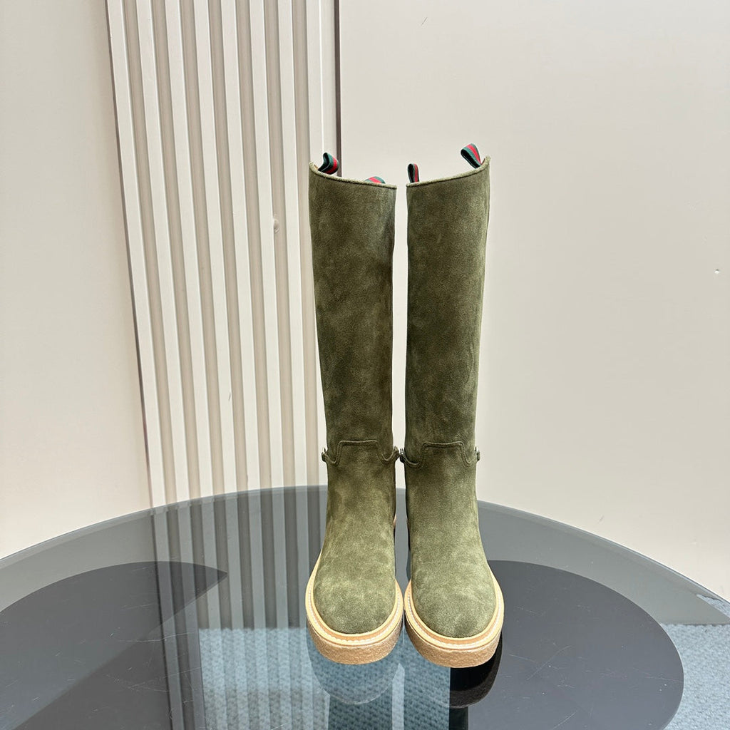 GUCCI SLIM HORSEBIT KNEE BOOTS WITH WEB IN KHAKI GREEN SUEDE